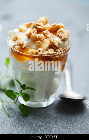 Du yaourt grec au miel et granola Banque D'Images