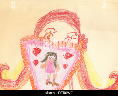 Un collage de vieux dessins d'enfant intégrant une Bonne Saint Valentin coeur et les yeux d'une petite fille. Banque D'Images