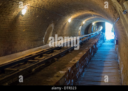 Intérieur d'une dérive dans les galeries souterraines à la Cleveland Mining Museum, Skinningrove et doublure en briques montrant les rails de tramway Banque D'Images