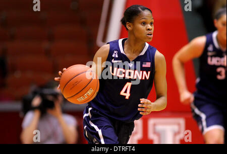 22 févr. 2014 - Houston, Texas, États-Unis d'Amérique - 22 févr. 2014 : New York guard Moriah Jefferson # 4 shouts apporte la balle upcourt pendant le basket-ball match entre Houston et Connecticut de Hofheinz à Houston, TX. Banque D'Images