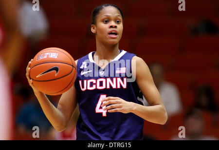 22 févr. 2014 - Houston, Texas, États-Unis d'Amérique - 22 févr. 2014 : New York guard Moriah Jefferson # 4 apporte la balle upcourt pendant le basket-ball match entre Houston et Connecticut de Hofheinz à Houston, TX. Banque D'Images