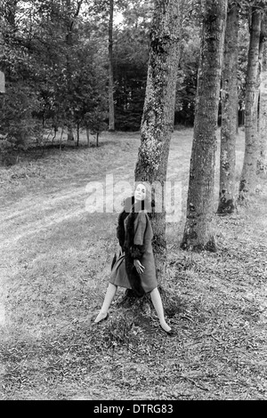 Modèle de mode des années 60 avec manteau de fourrure posing in forest Banque D'Images