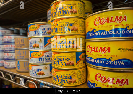 Boîtes de thon de diverses marques dans une épicerie à New York le jeudi 20 février, 2014. (© Richard B. Levine) Banque D'Images