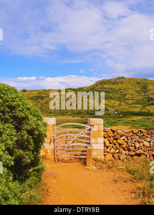 Porte en bois traditionnel sur le Nord de Minorque, Iles Baléares, Espagne Banque D'Images