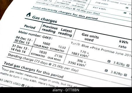 Une facture de services publics de gaz gaz / prix frais montrant UK Banque D'Images