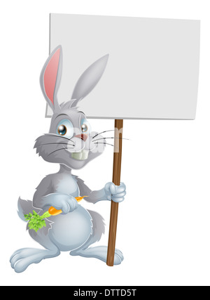 Caricature de lapin blanc tenant une carotte et signer Banque D'Images