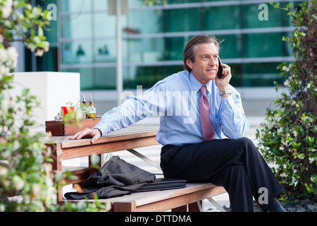 Caucasian businessman on cell phone sur banc de pique-nique Banque D'Images