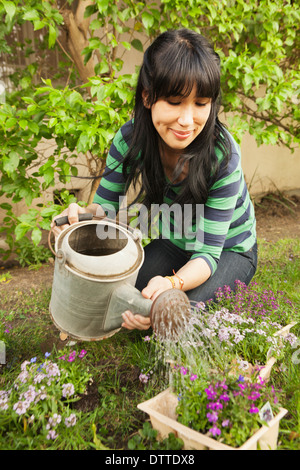 Woman watering flowers outdoors Banque D'Images