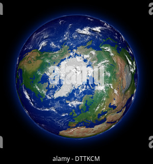 Hémisphère nord sur la terre vue d'en haut pôle nord isolé sur fond noir. Beaucoup de détails de la surface de la planète. Éléments de cette image fournie par la NASA. Banque D'Images