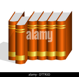 Une rangée de livres reliés dur brun avec étiquettes d'or blanc avec un livre tiré Banque D'Images