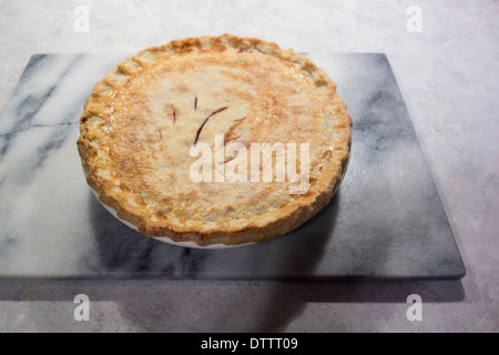 Une maison faite cherry pie assis sur une planche à découper carrée en marbre. USA Banque D'Images