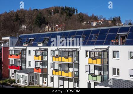 Ilmenau, Allemagne. Feb 24, 2014. Un système d'énergie solaire thermique sur le toit d'un immeuble d'habitation 'ophienhuette» à Ilmenau, Allemagne, le 24 février 2014. Le système d'énergie solaire thermique est subventionné par le projet de recherche 'Solar Therman 2000plus d'énergie". Le ministère de l'Econommics de Thuringe a élargi le 1 000-toitures-photovoltaic conversion-programme pour inclure l'énergie thermique solaire. Photo : Michael Reichel/dpa/Alamy Live News Banque D'Images