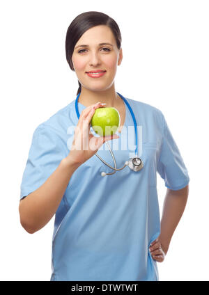 Médecin avec green apple isolated Banque D'Images