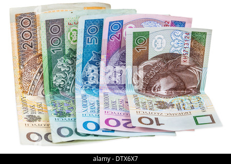 Série de billets polonais isolé sur fond blanc avec clipping path Banque D'Images