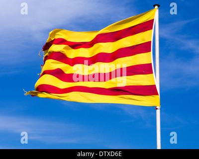 Drapeau catalan contre un ciel bleu. Le drapeau de la Catalogne brille au soleil sur un poteau blanc. Un peu effiloché. Banque D'Images