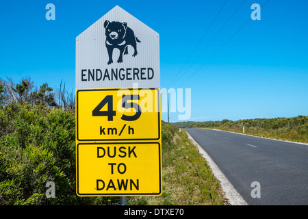 Panneaux de signalisation routière du diable de Tasmanie en danger près de Marrawah, Arthur River, Tasmanie Banque D'Images