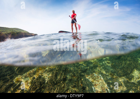 Une fille dans un rash vest paddleboards rouge dans les eaux claires du North Devon UK SUP (stand up paddleboarding) Banque D'Images