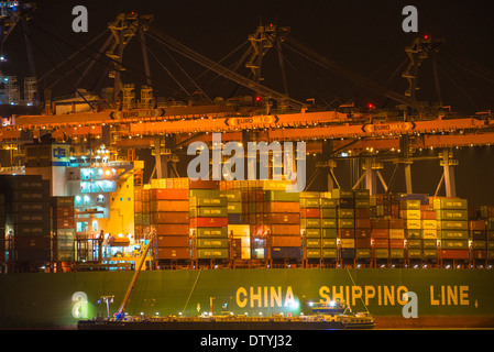 Un navire avec des conteneurs sous les grandes grues sur le quai dans le port de Rotterdam par nuit Banque D'Images