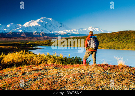 Un male hiker se dresse sur une crête au-dessus du lac Étonnant affichage de Denali (anciennement Mt. McKinley) dans l'arrière-plan. Le Parc National Denali et préserver, de l'Alaska Banque D'Images