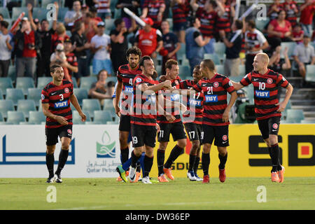 Sydney, Australie. Feb 26, 2014. Wanderers célébrer en tête au cours de l'AFC Champions League match entre Western Sydney Wanderers FC et FC Ulsan Hyundai de Corée du Pirtek, Parramatta Stadium. Ulsan a gagné 3-1. Credit : Action Plus Sport/Alamy Live News Banque D'Images