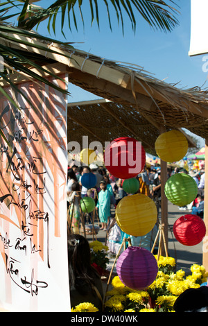 Lanternes asiatiques étendus dehors une anging en dehors d'une échoppe de marché vente de fleurs à un nouvel an lunaire vietnamien Festival (TET) Banque D'Images