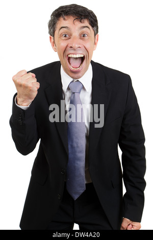 L'homme d'affaires en liesse acclamant avec sa bouche ouverte, une expression et faire un poing avec sa main , isolated on white Banque D'Images