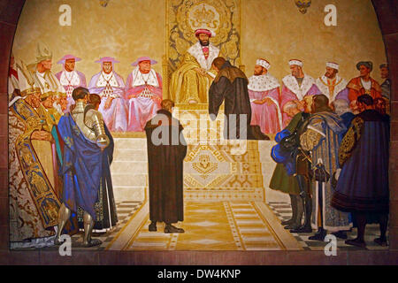 Maison Melanchthon, Memorial Hall, Bretten, Kraichgau, district de Karlsruhe, Bade-Wurtemberg, Rhénanie-Palatinat, Allemagne, peinture murale créée par le professeur août Groh (1871-1944) > remise de la confession d'Augsbourg d 'foi' Écrit par Melanchthon à t Banque D'Images