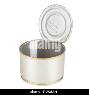 Ouverture du pot peut isolé sur blanc, la nourriture en conserve Banque D'Images