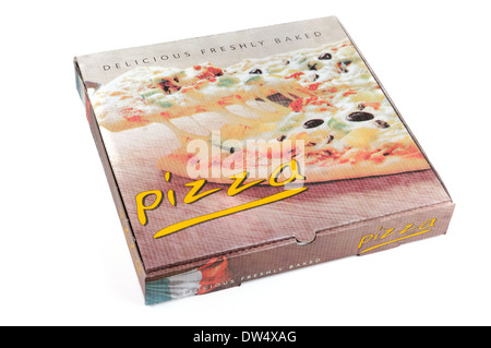 Boîte à pizza sur fond blanc Banque D'Images