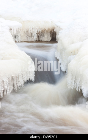 Écoulement de l'eau entourée de glace et de glaçons en hiver Banque D'Images