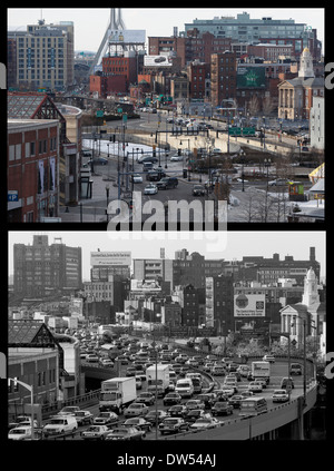 Image Composite, Boston, avant et après l'artère centrale a été déplacé dans des tunnels sous la ville. Boston Massachusetts USA Banque D'Images