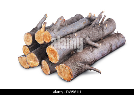 Pile de bois de sciage isolé sur fond blanc Banque D'Images