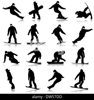 Jeu de silhouettes noires les planchistes sur fond blanc. Vector illustration. Banque D'Images