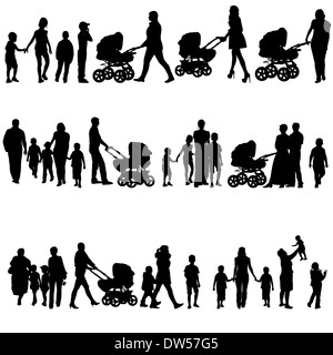 Ensemble Noir de silhouettes de parents et d'enfants sur fond blanc. Vector illustration. Banque D'Images