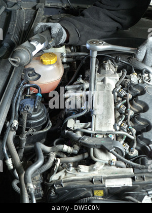 Mécanicien Auto Remplacement bougies de préchauffage moteur diesel voiture en utilisant une clé de bougie Banque D'Images