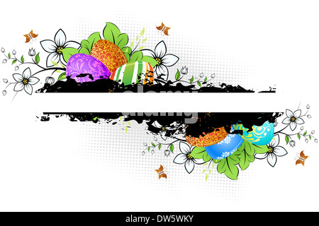 Arrière-plan de Pâques Grungy avec les Œufs décorés et des fleurs Banque D'Images