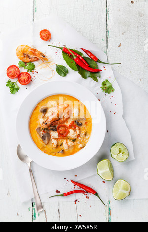 Soupe Thaï épicé Tom Yam au Lait de Coco, Piments et fruits de mer Banque D'Images