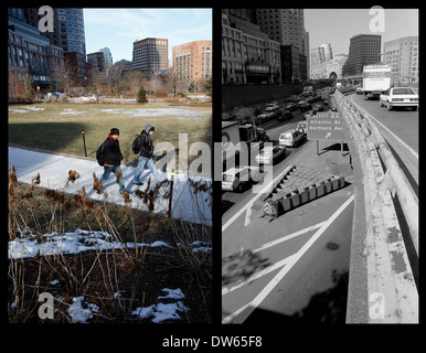 Image Composite, Boston, avant et après l'artère centrale a été déplacé dans des tunnels sous la ville. Boston Massachusetts USA Banque D'Images