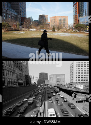 Image Composite, Boston, avant et après l'artère centrale a été déplacé dans des tunnels sous la ville. Boston Massachusetts USA Banque D'Images