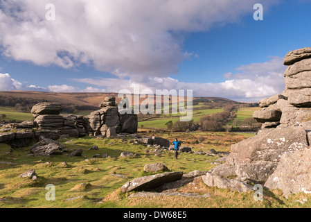 Coureur à Hound Tor, Dartmoor, dans le Devon. L'hiver (Janvier) 2014. Banque D'Images