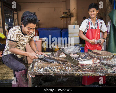 Mae Sot, Tak, en Thaïlande. 28 Février, 2014. Échelle de travailleurs et de Boucher sur le marché du poisson à Mae Sot. Mae Sot est sur la frontière entre la. Le marché est un mélange de Thaï et entreprises birmanes. © Jack Kurtz/ZUMAPRESS.com/Alamy Live News Banque D'Images