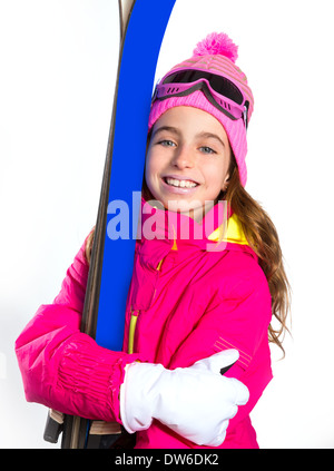 Kid girl avec équipement de ski de neige lunettes et chapeau en laine d'hiver Banque D'Images