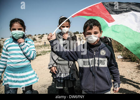 Cisjordanie, Territoires palestiniens. 28 Février, 2014. Aujourd'hui marquait le 9e anniversaire du village de Bil'in, la manifestation hebdomadaire contre le mur de l'apartheid et l'occupation de la Palestine. La non manifestation violente a vu plus de 1000 supporters y compris des Palestiniens, internationaux et israéliens militants de solidarité avec le village. Dans les 9 ans que Bil'in a commencé la campagne de résistance pacifique, le village est devenu un symbole dans le monde entier comme le centre de la résistance non violente contre l'occupation israélienne. En ce moment plus de 2000 personnes y compris international Banque D'Images