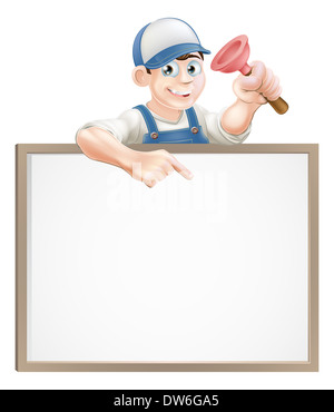 Un plombier ou un plongeur et d'une holding janitor peeking sur un signe et de pointage Banque D'Images