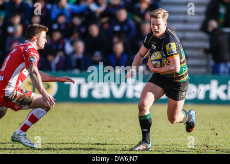 Northampton, en Angleterre. 1er mars 2014. Tom Stephenson de Northampton Saints sur la balle au cours de l'Aviva Premiership match entre Northampton Saints et Gloucester à Franklin's Gardens. Score final : Northampton Saints 39-13 Gloucester. Credit : Action Plus Sport Images/Alamy Live News Banque D'Images