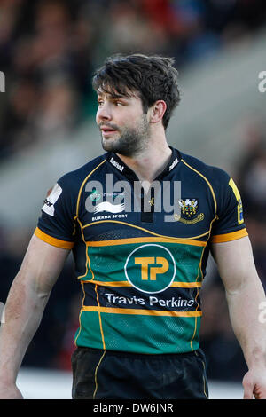 Northampton, en Angleterre. 1er mars 2014. Ben FODEN de Northampton Saints au cours de l'Aviva Premiership match entre Northampton Saints et Gloucester à Franklin's Gardens. Score final : Northampton Saints 39-13 Gloucester. Credit : Action Plus Sport Images/Alamy Live News Banque D'Images