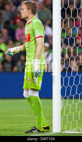 Melbourne, Australie. 1er mars 2014. ANDREW TAYLOR LAUTNER (1) renvoi du coeur de Melbourne en action pendant le match entre 21 et Melbourne Melbourne Victory coeur pendant l'Australian Hyundai A-League saison 2013/2014 à l'AAMI Park, Melbourne, Australie. (Crédit Image : © Tom Griffiths/ZUMA/ZUMAPRESS.com) fil Banque D'Images