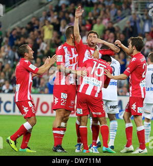 Melbourne, Australie. 1er mars 2014. Greater Bay Area make-(10) en avant de la célèbre coeur de Melbourne en lançant un baiser à la foule après avoir marqué un but au cours de la tour entre Melbourne Victory et Melbourne coeur pendant l'Australian Hyundai A-League saison 2013/2014 à l'AAMI Park, Melbourne, Australie. (Crédit Image : © Tom Griffiths/ZUMA/ZUMAPRESS.com) fil Banque D'Images