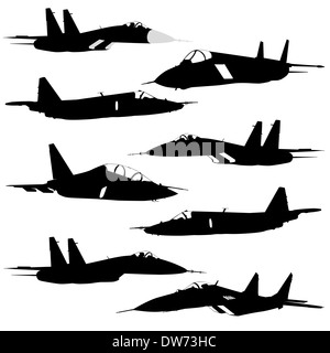 Collection de différents avions de combat mauvais vecteur silhouettes. Banque D'Images