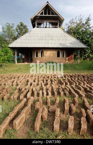 Le séchage des briques de boue séchées au soleil à l'extérieur d'une maison d'adobe à l'Pun Pun ferme dans le Nord de la Thaïlande. Banque D'Images